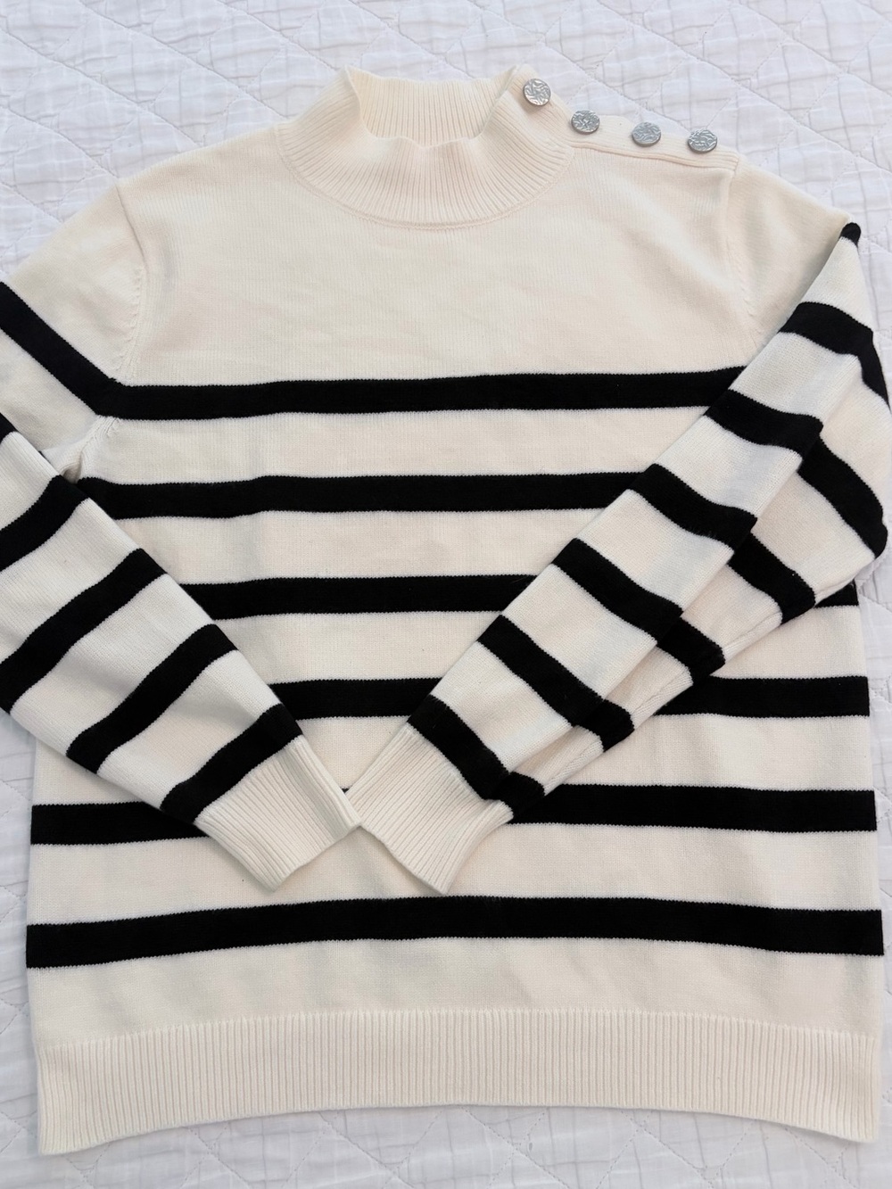 Striped Mock Neck Sweater with Shoulder Buttons - Cream & Black